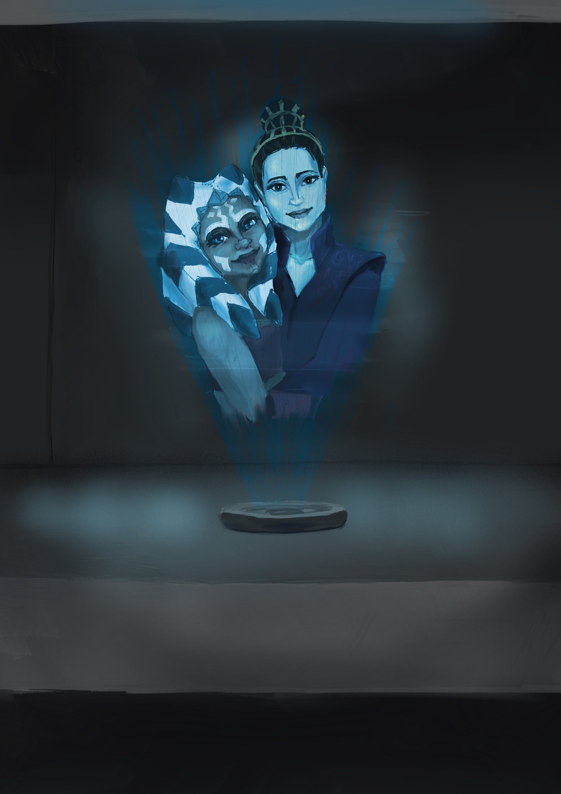 Digital painting of a Star Wars holoprojector lying on a metal shelf. The projector displays a portrait of Ahsoka Tano and Padmé Amidala. They're hugging and smiling at the viewer.