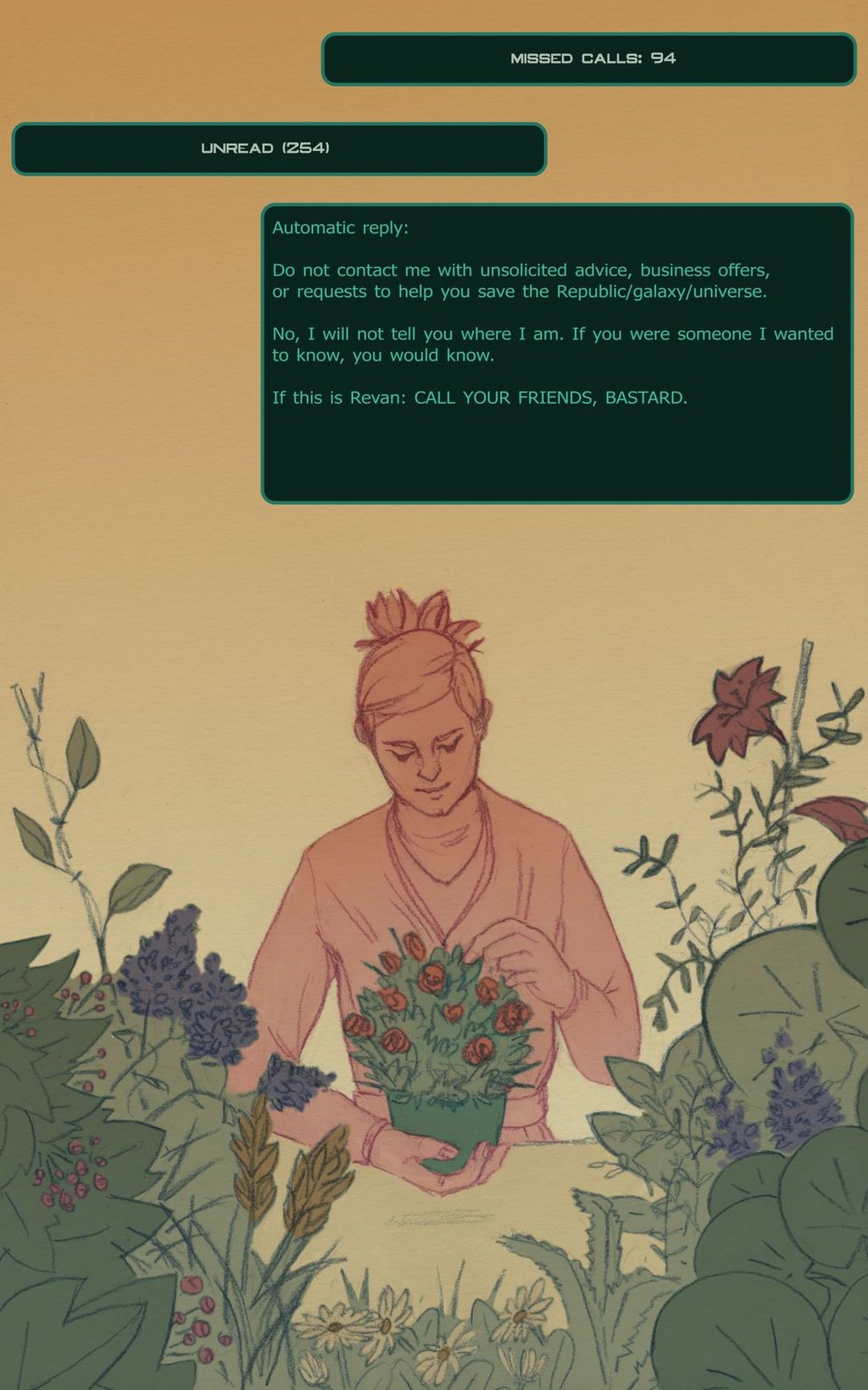 Digitally colorized color pencil drawing. It shows a woman in a vaguely Jedi clothing. She holds a flowerpot and is framed by flowers and climbing vines on both sides. Above her are blocks of text (transcript below).