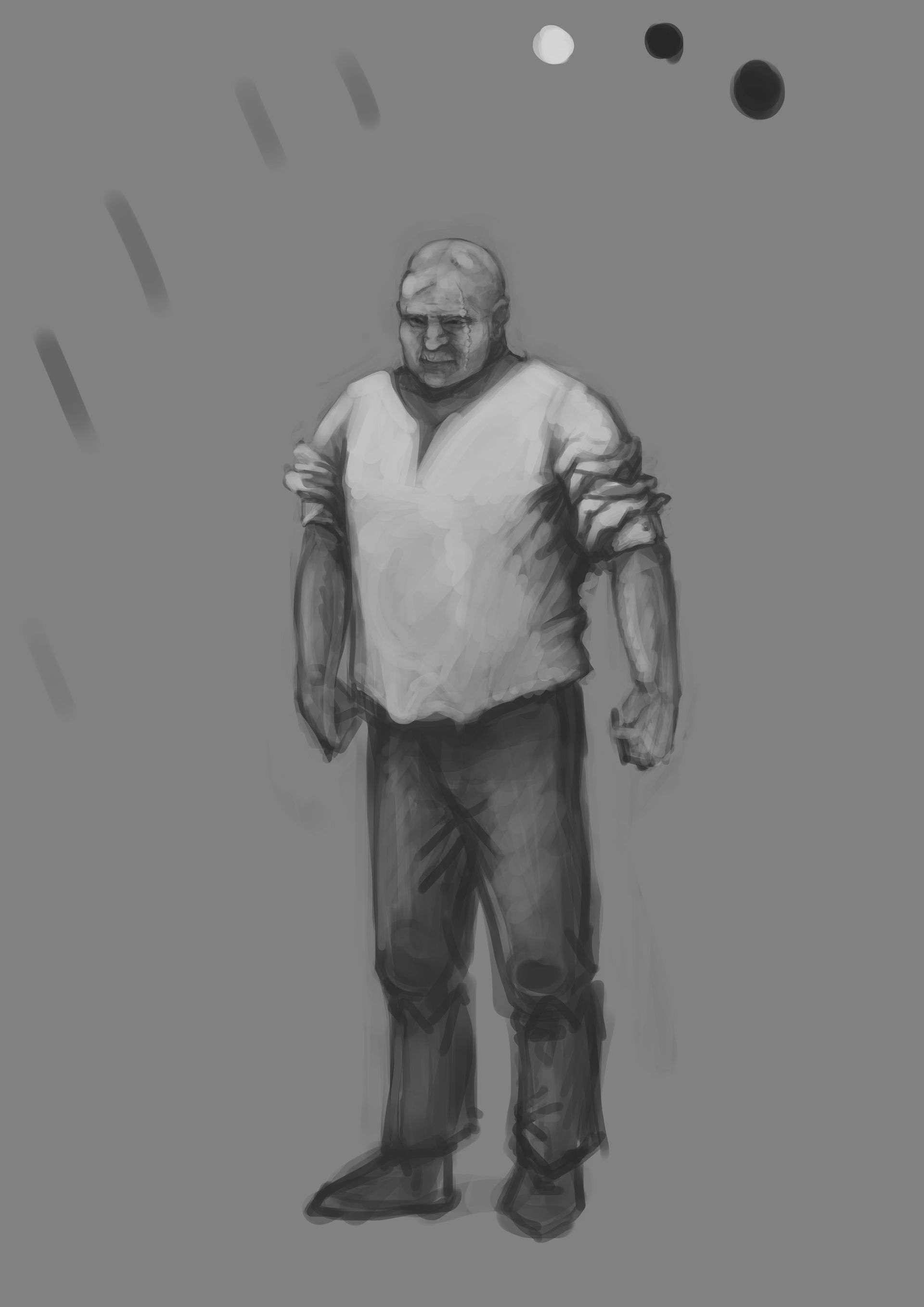 Grayscale digital sketch of a large scarred man.