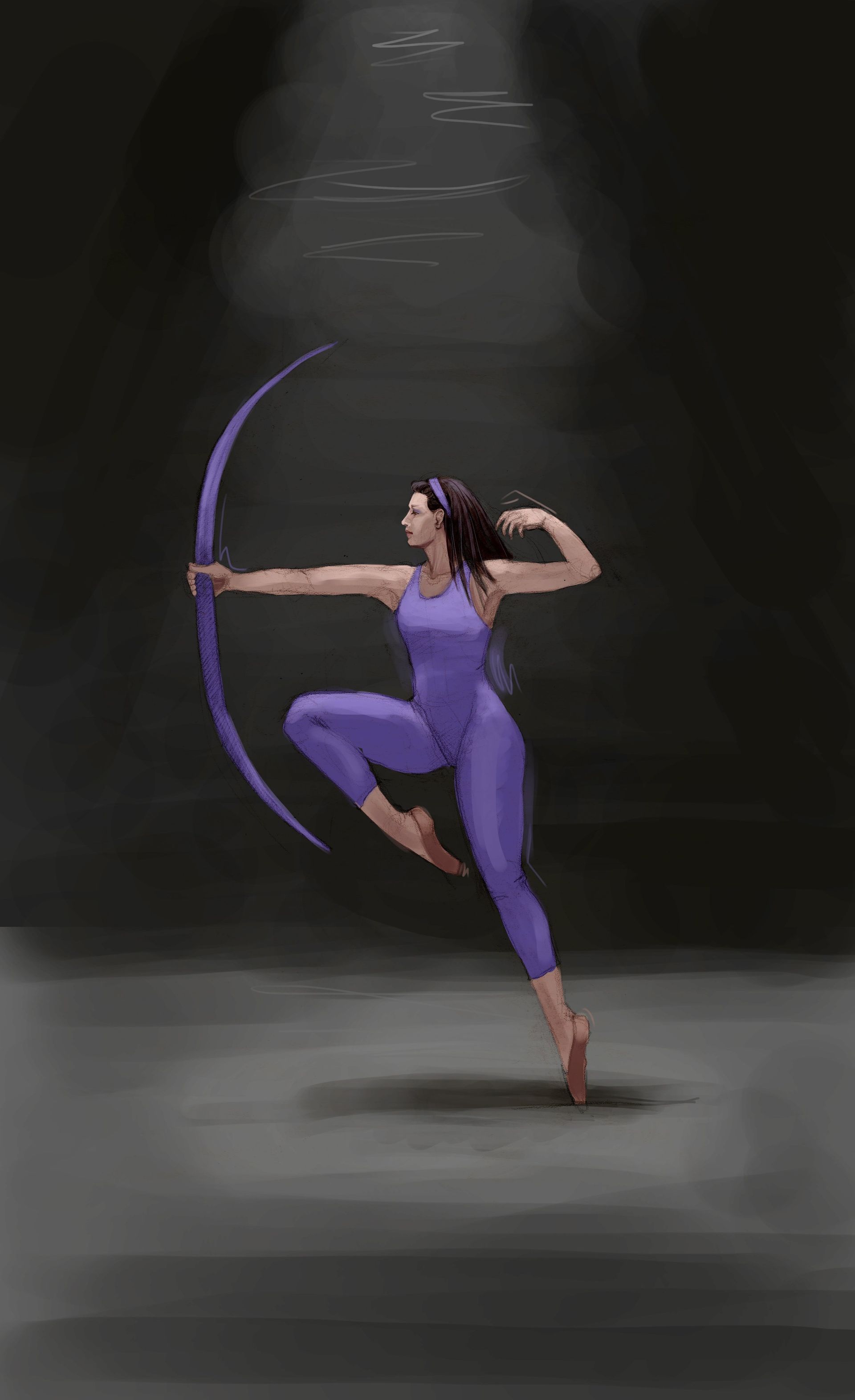 White woman in a purple leotard with a purple bow prop and a purple headband, standing on one toe in a stylized archer pose.