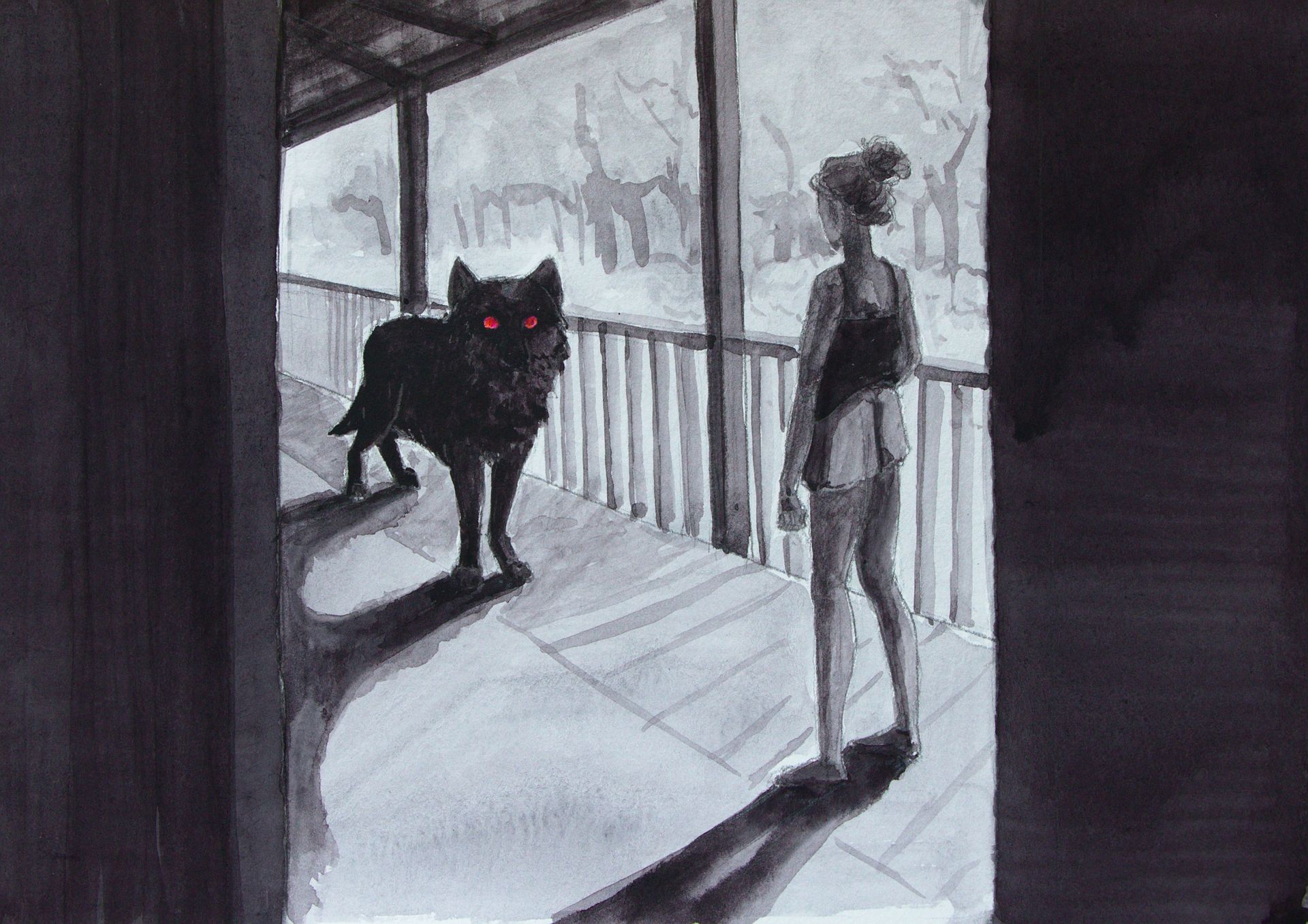 A girl and a large black wolf facing off on a porch.