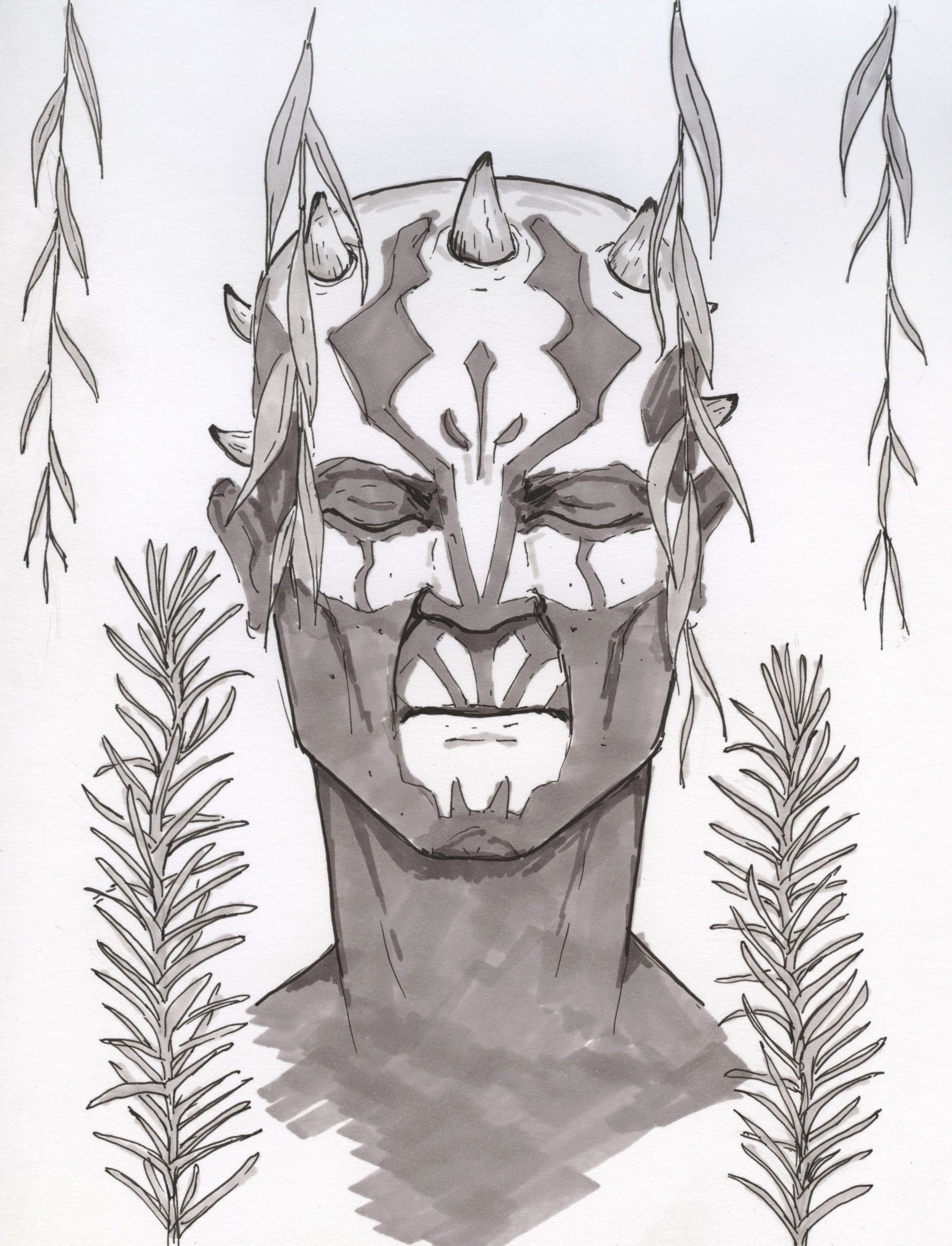 A portrait of Savage Oppress done in black liner and grey markers. It shows his face with closed eyes, partially covered by willow branches and sprigs of rosemary