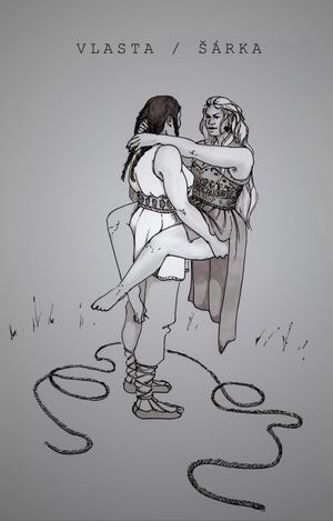 Vlasta/Šárka: Two women in a stylized Old Slavic dress embracing, a loop of rope laying at their feet.