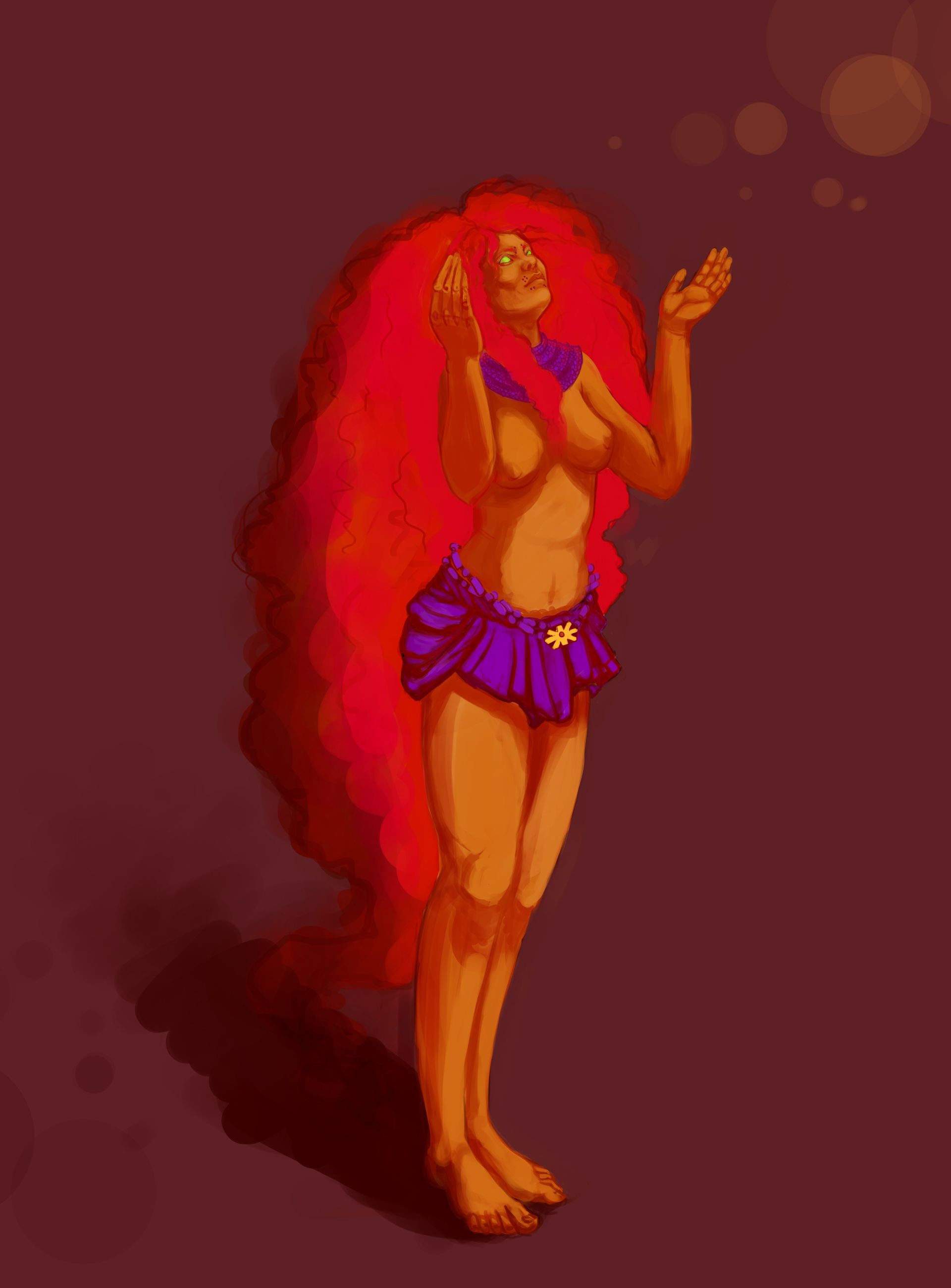 Starfire as a dark-skinned woman in purple loincloth and jewelery.