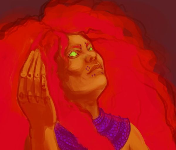 Detail, shows rows of purple studs on Starfire's lips and eyebrows.