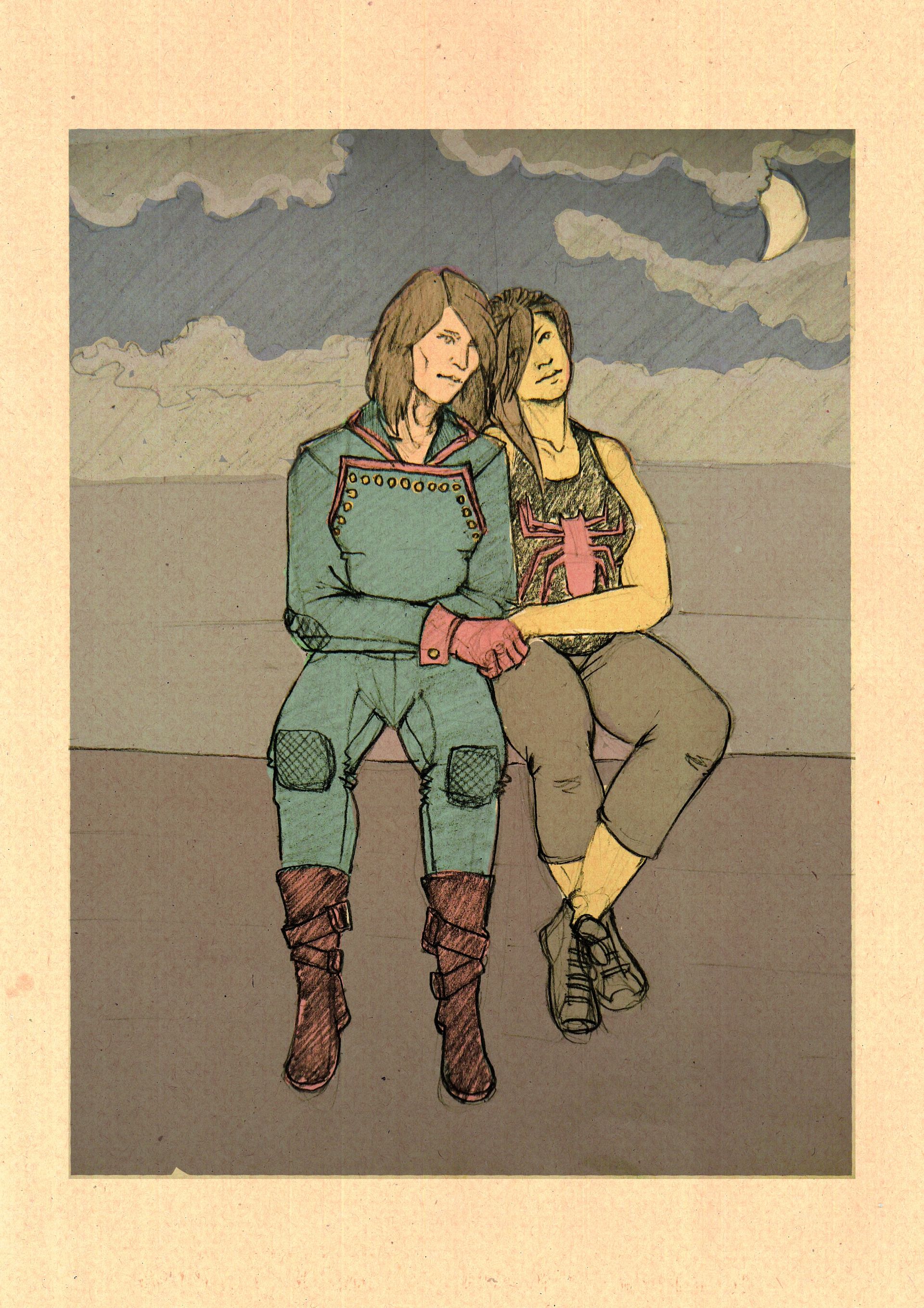 Two girls sitting on a concrete roof at night.