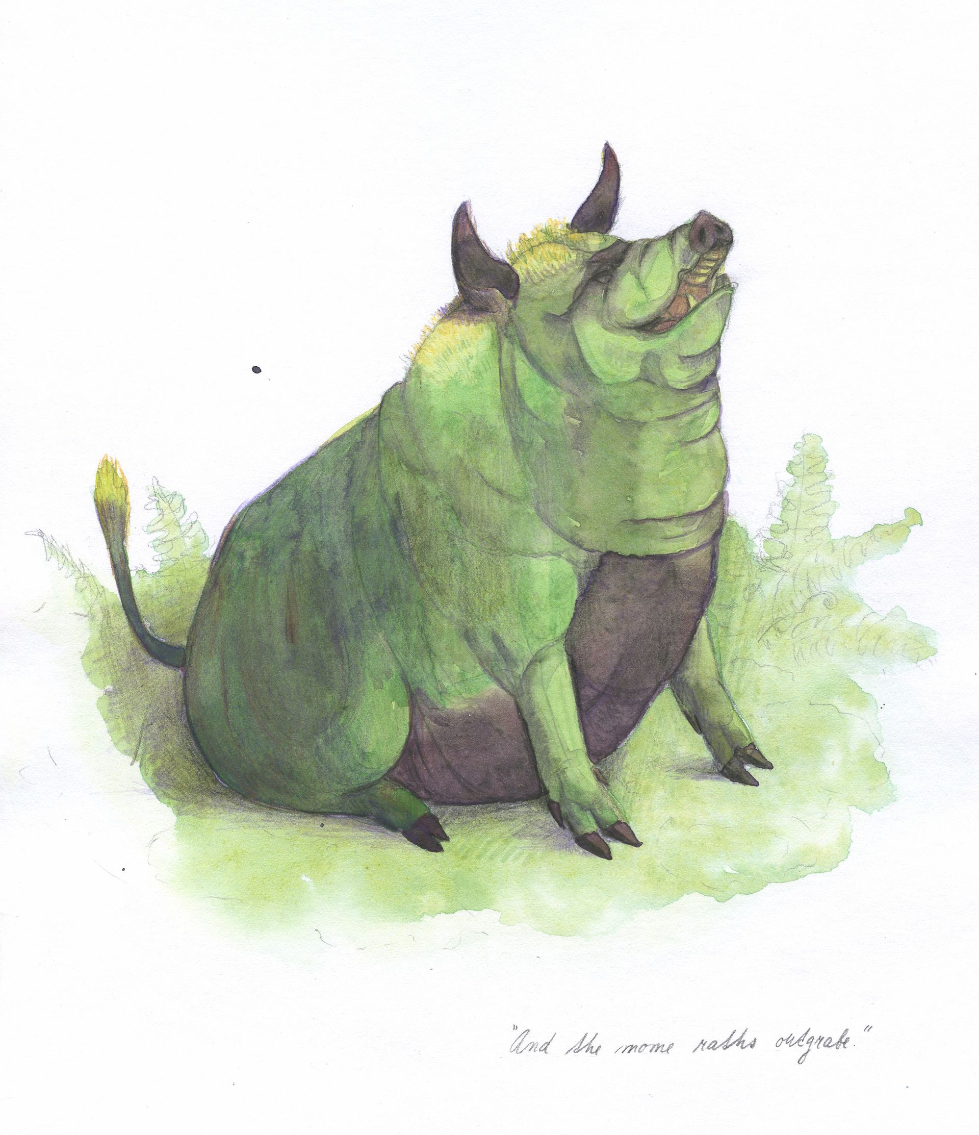 A mome rath. It looks like a very fat, green, mossy pig.