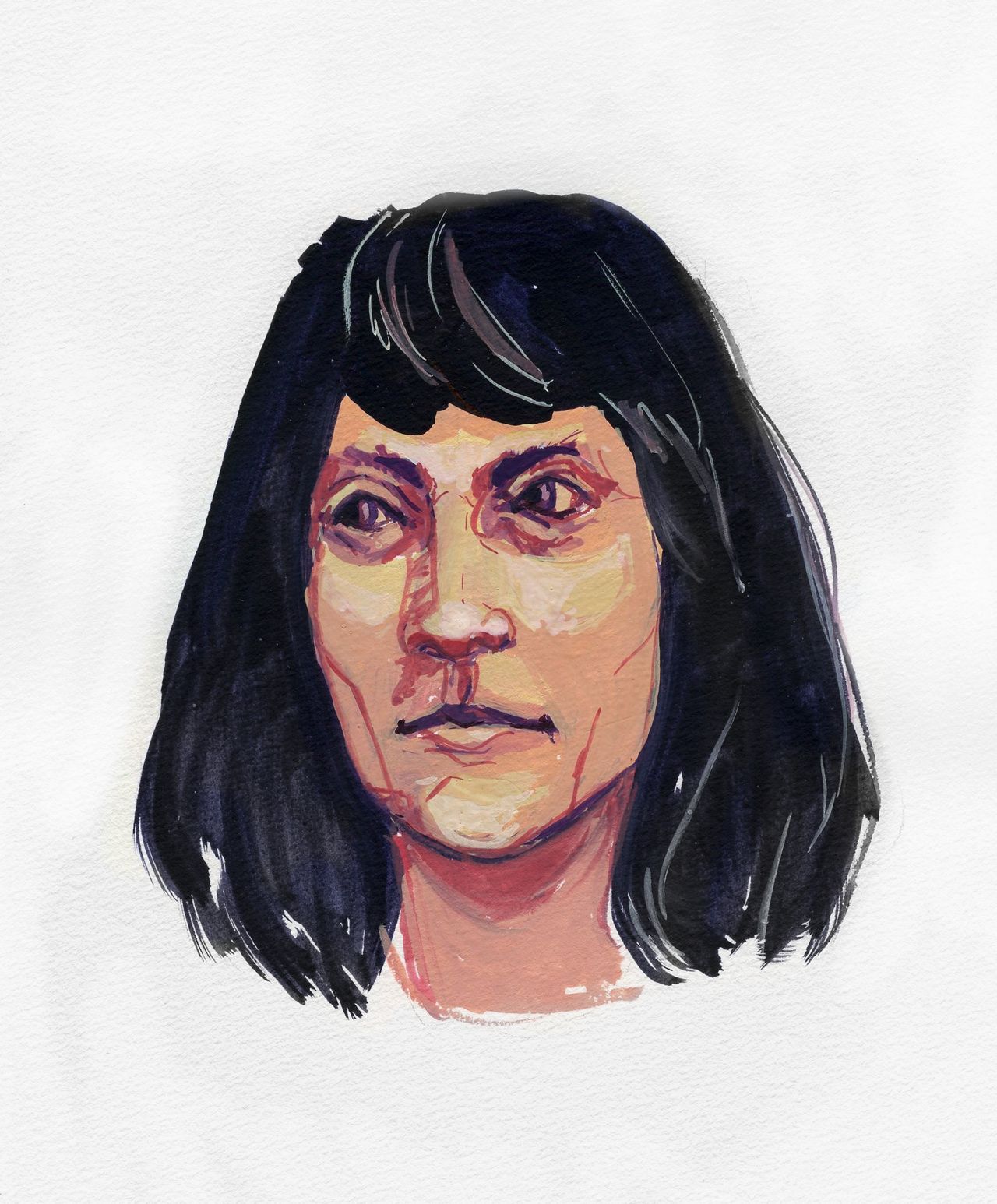 Gouache painting of a woman's face. The skin is painted in shades of orange and purple.