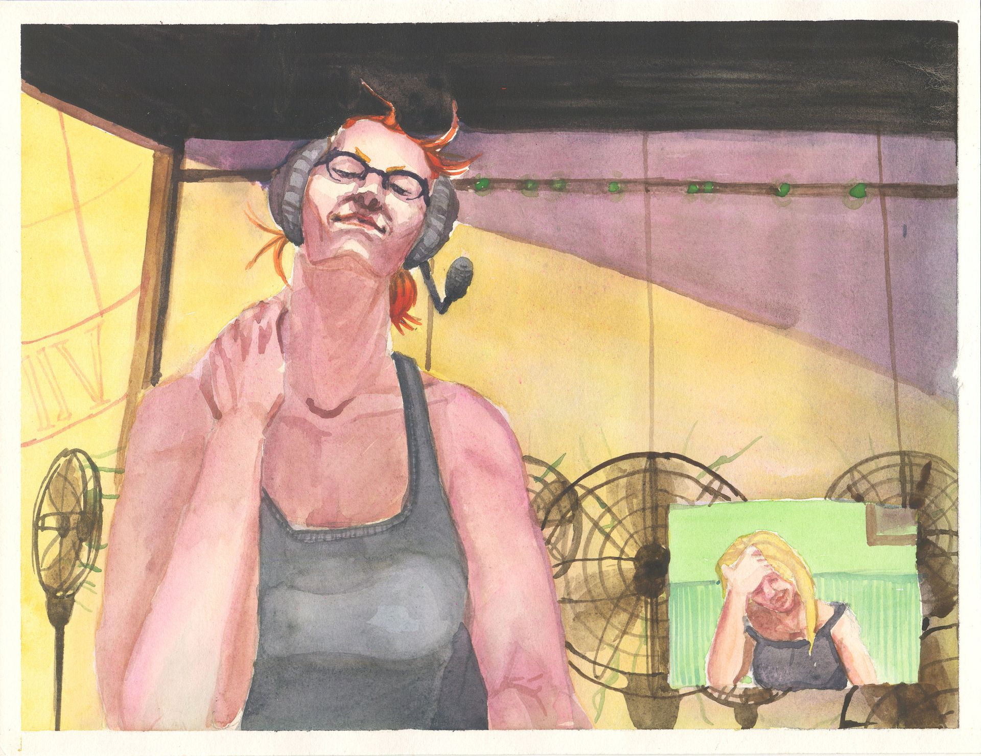 Watercolor painting of a red-headed woman in a black tank top and a headset. Behind her is a wall of mainframe computers and several large standing fans. In the corner of the picture there is an inset image showing a laughing blonde woman, implying this is in fact a video call.
