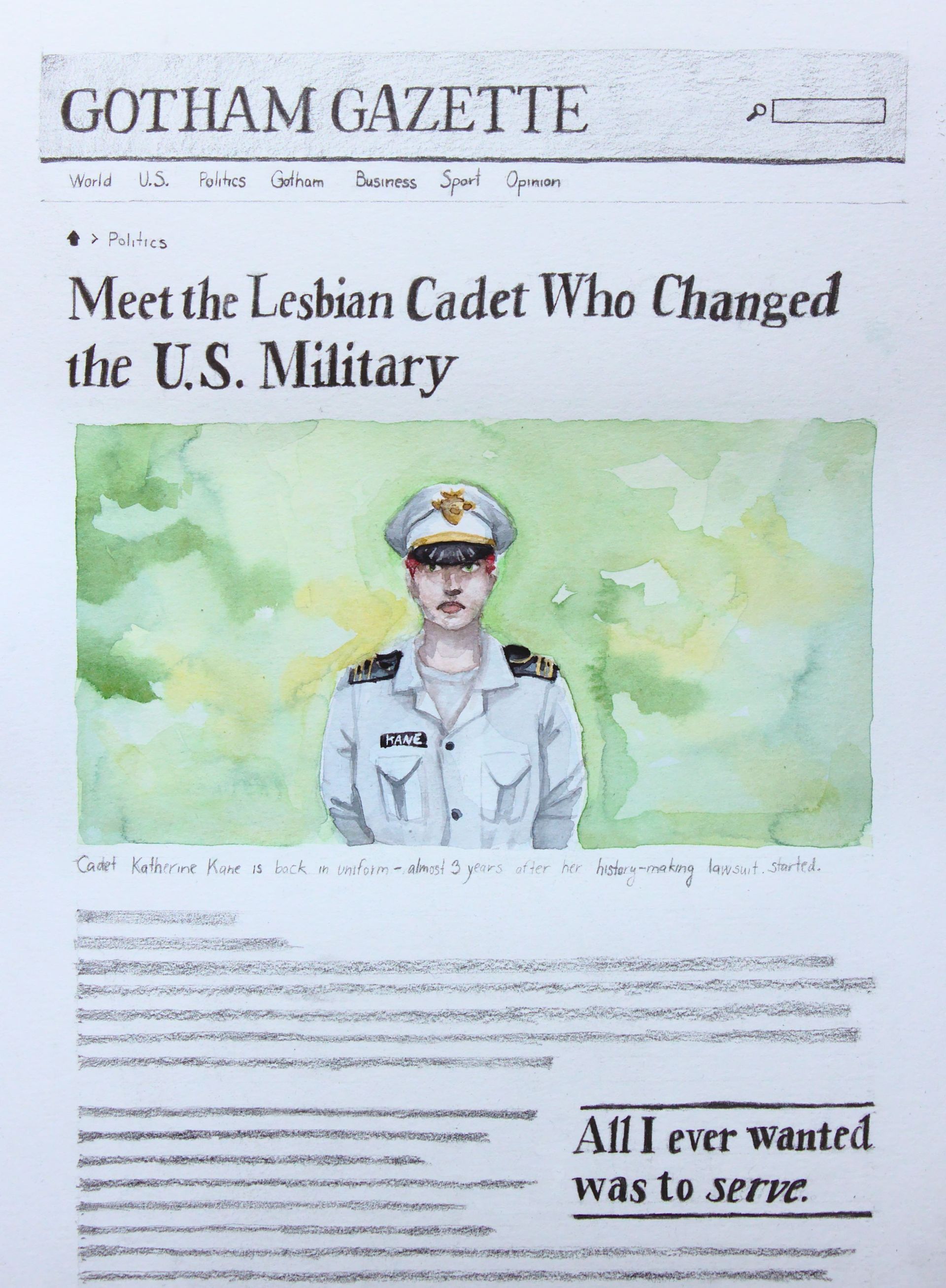 A hand-drawn "screenshot" of an article about Kate.
