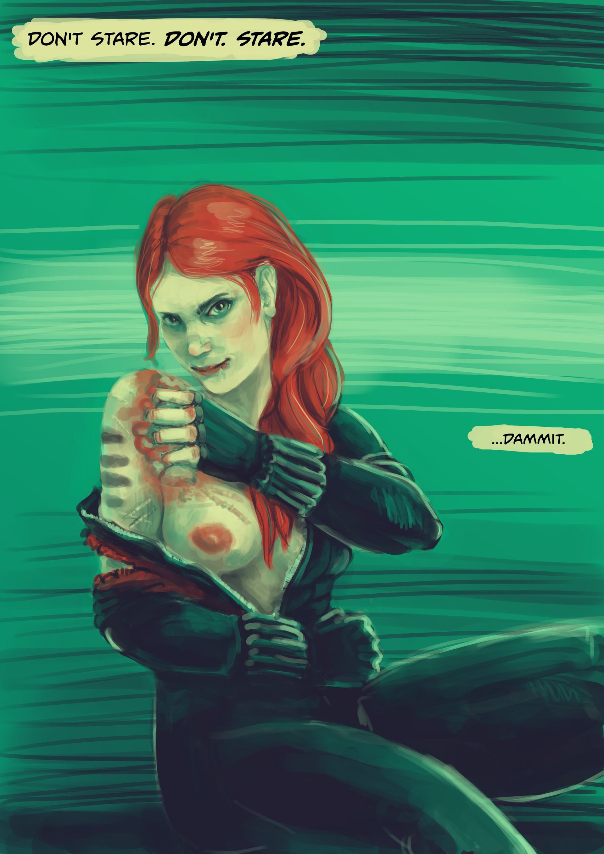Digital painting in stylized colors of Natasha Romanoff. She's in a cat suit stripped to the waist as she cleans a shoulder wound. She's looking mockingly at the viewer. A narrator text says: "Don't stare. DON'T. STARE. ...dammit."
