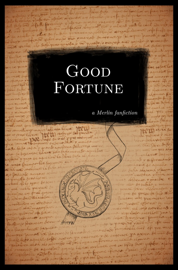 book cover, with writing on parchment as background, a rough black rectangle with white title, and an ink illustration of a wax seal