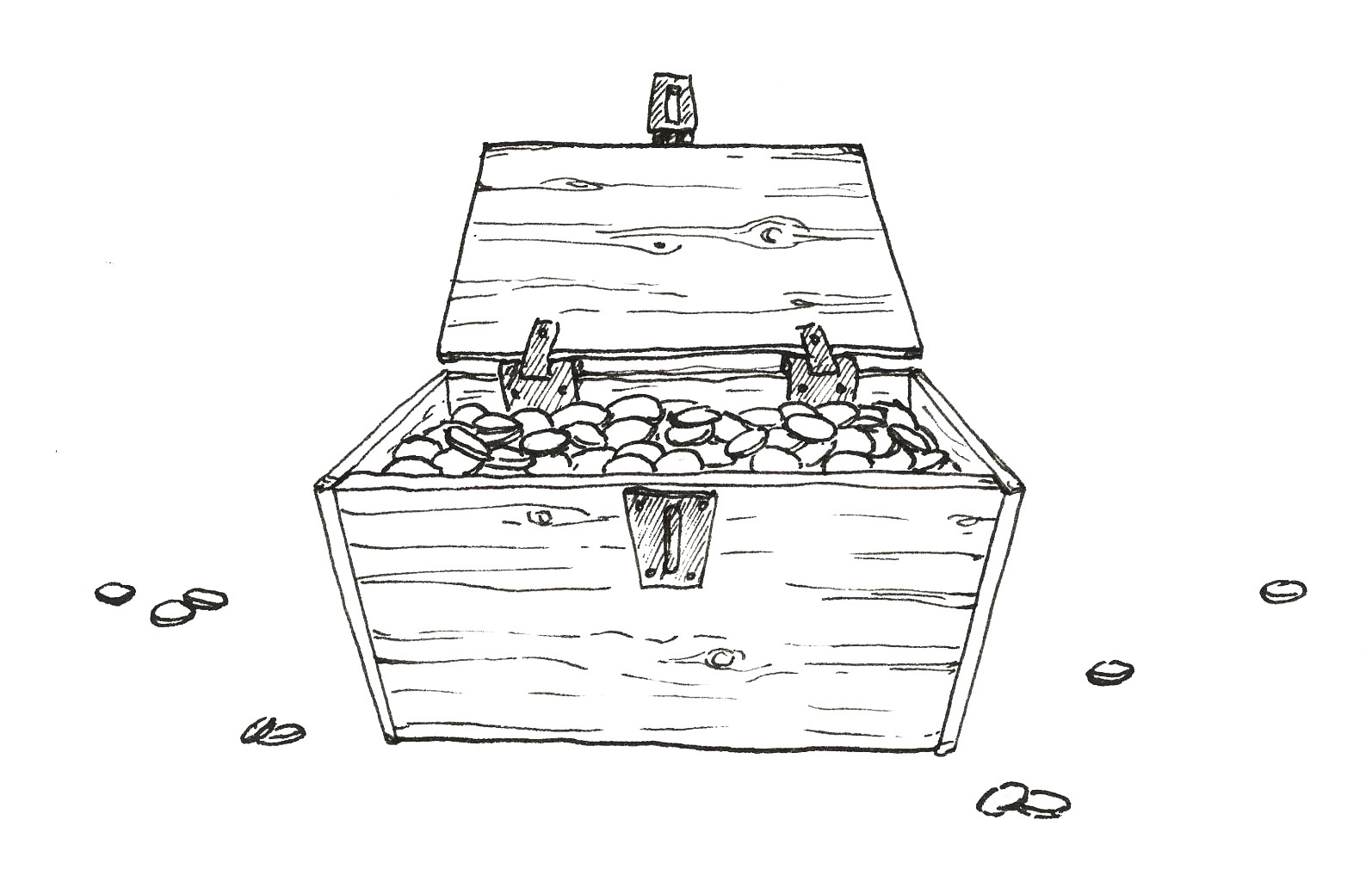 ink illustration, a wooden chest full of coins